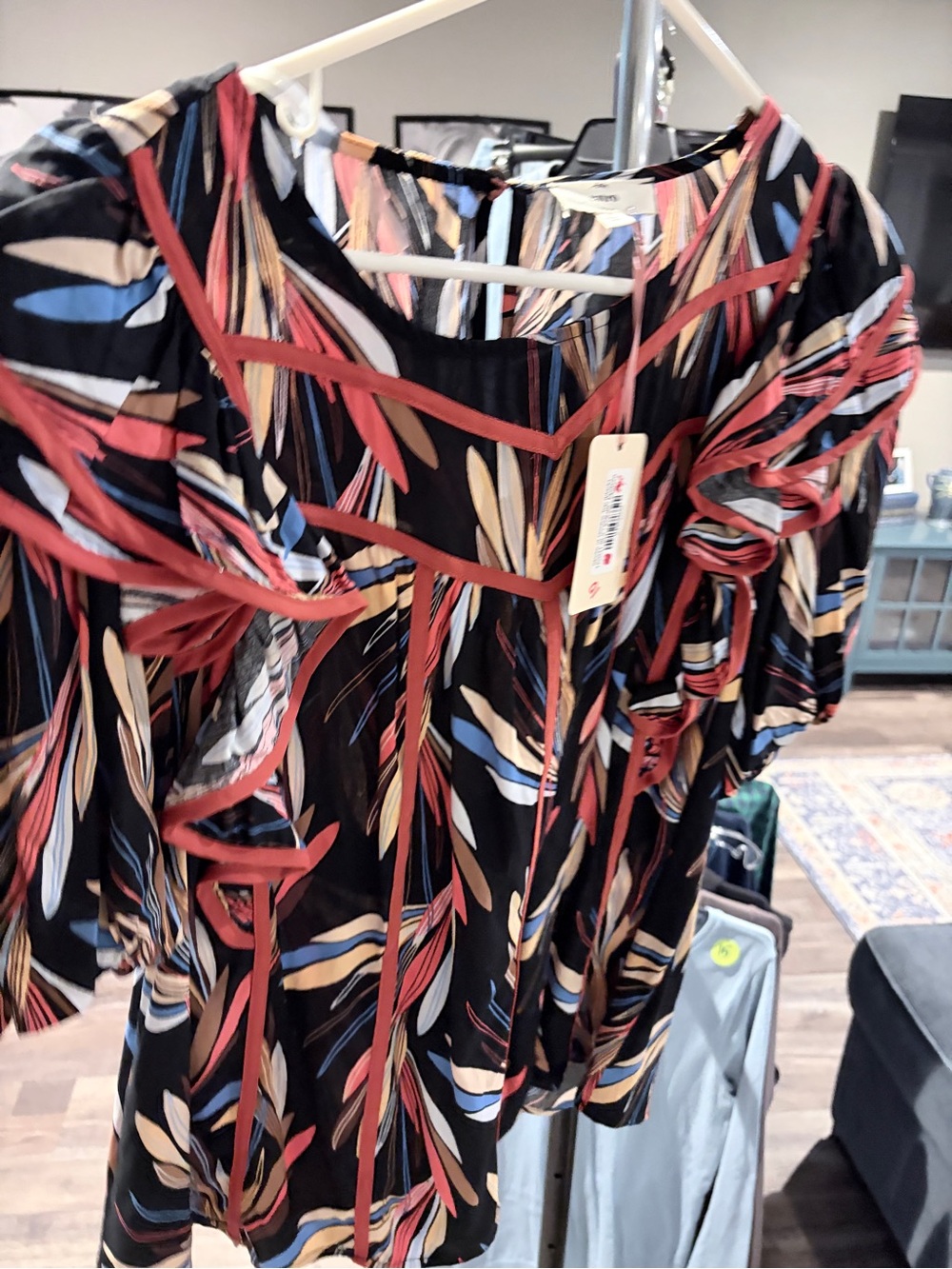 entro Black Multi-Leaf-Print Ruffle Trim Blouse
